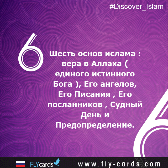 The six articles of Islam: Belief in Allah (the one true God), His angels, His revelations, His Messengers, the Last Day, and destiny.