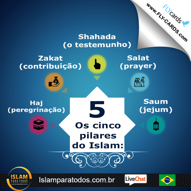 Os cinco pilares do Islam: Shahada(o testemunho), Salat(prayer), Zakat(contribuição), Saum(jejum) e Haj(peregrinação).