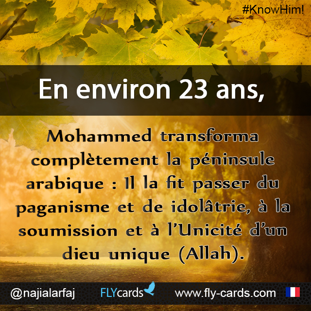 In about 23 years, Muhammad changed the complete Arabian Peninsula from paganism and idolatry to the submission and tawheed to One God (Allah).